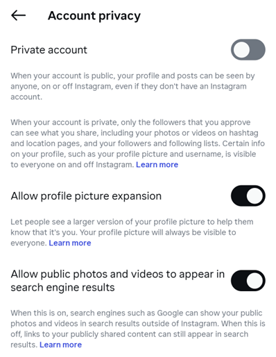 Screenshot of Instagram's Account Privacy settings with toggles for Private account, Allow profile picture expansion, and Allow public photos and videos to appear in search engine results, all set to off.